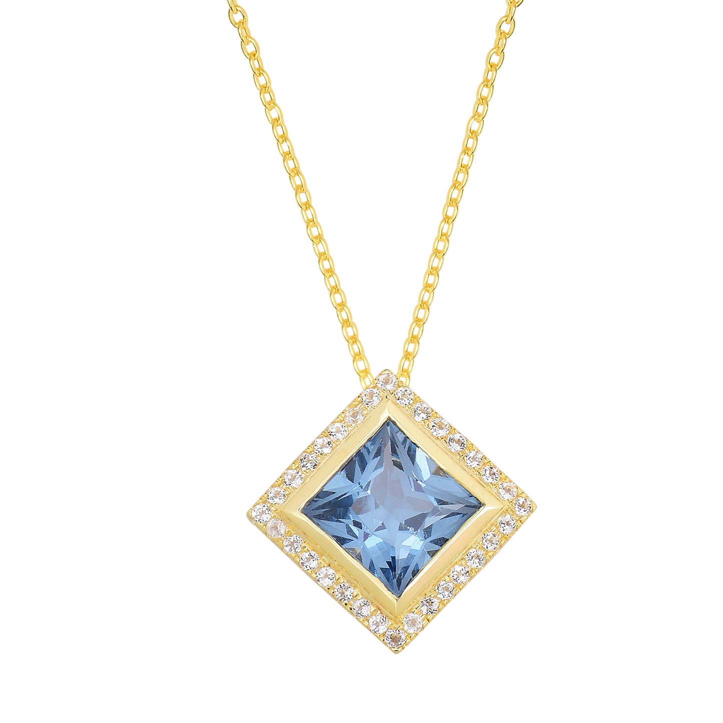 Square Blue Topaz Halo Necklace 925 Silver