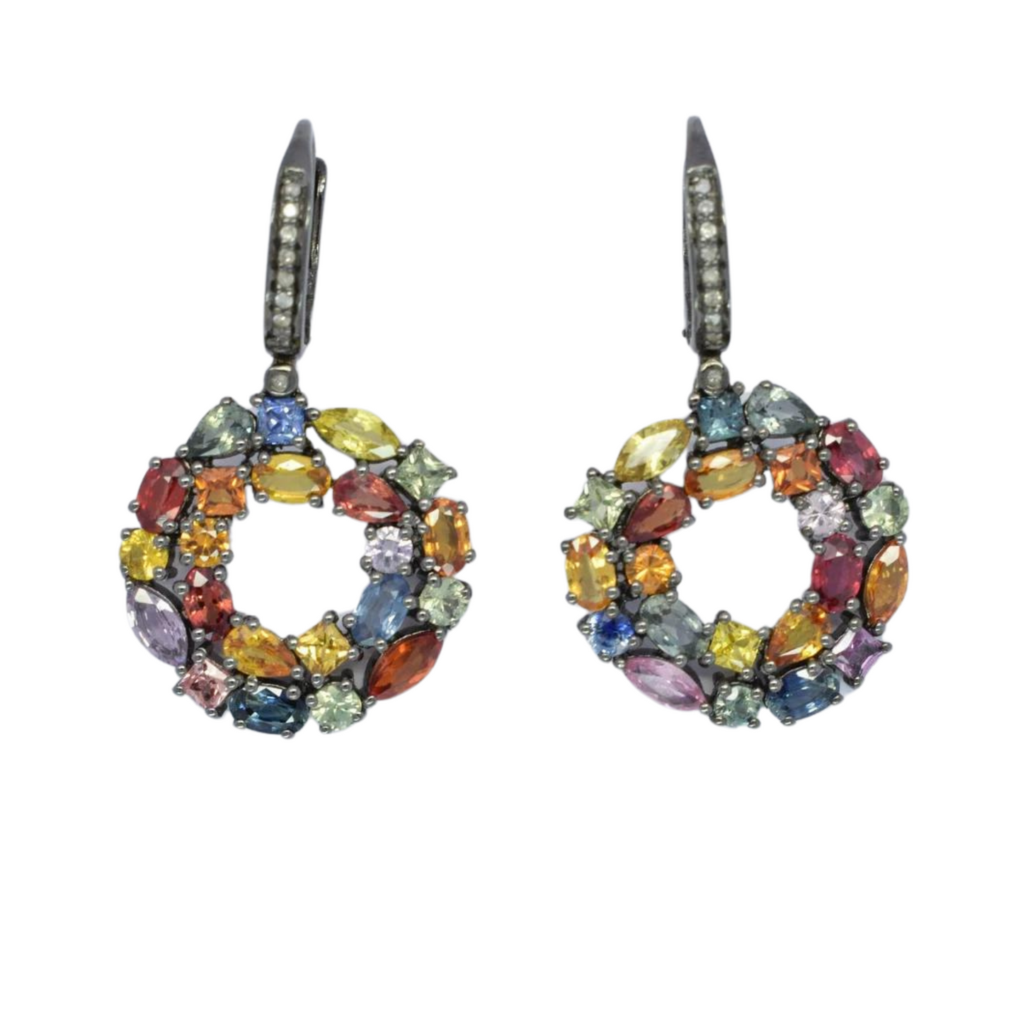 Rainbow Sapphire Dangle Drop Earrings With Diamond