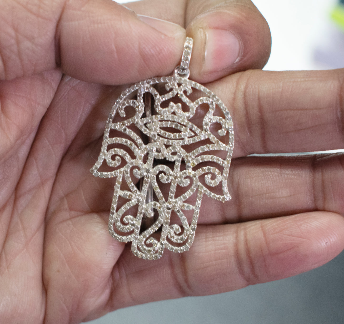 Diamond Evil Eye Hamsa Hand Pendant