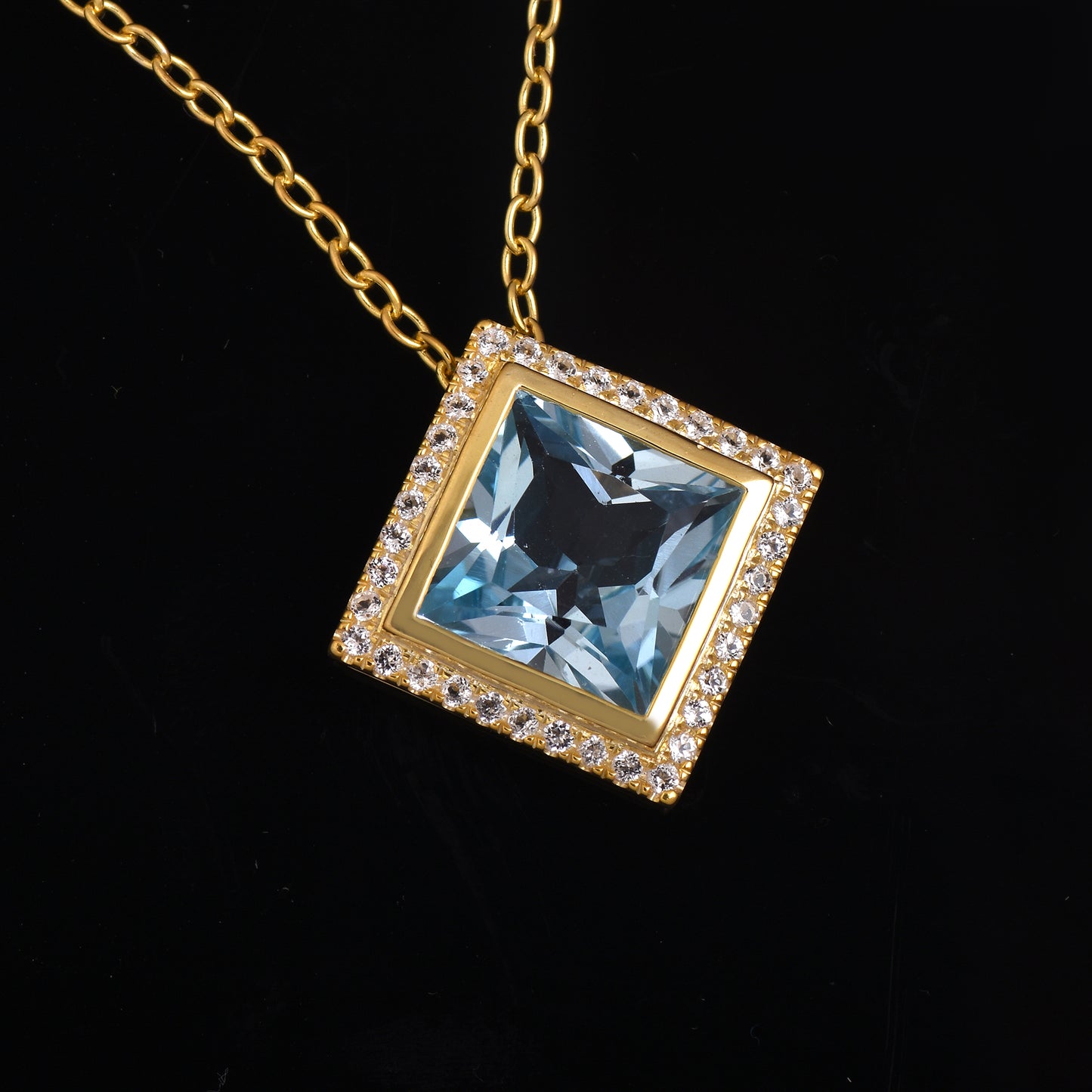 Square Blue Topaz Halo Necklace 925 Silver