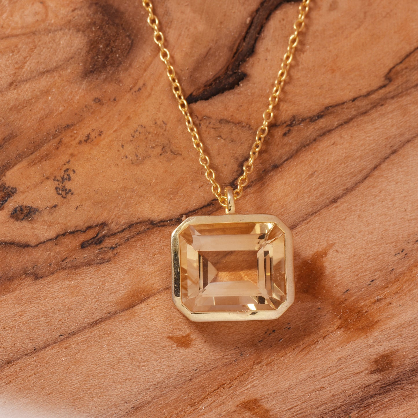 Octagon Citrine Solitaire Silver Necklace