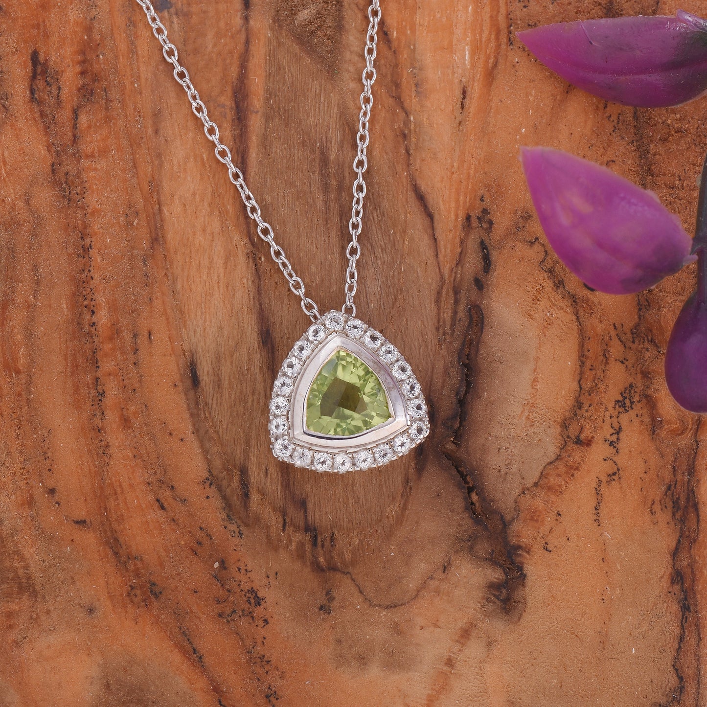Green Peridot Halo Pendant Necklace
