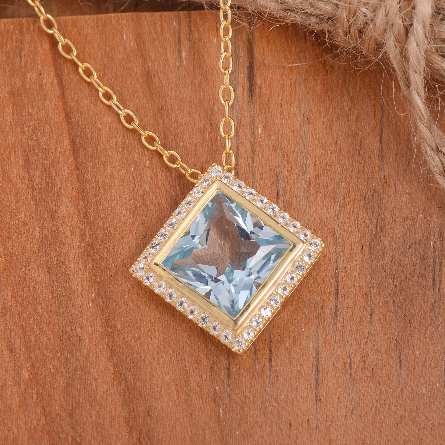Square Blue Topaz Halo Necklace 925 Silver