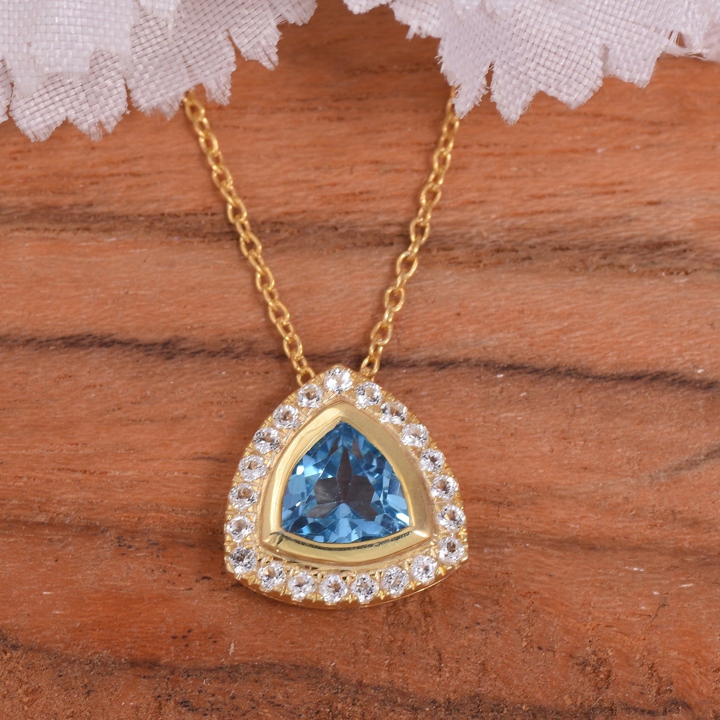 Blue Topaz Halo Chain Necklace For Women