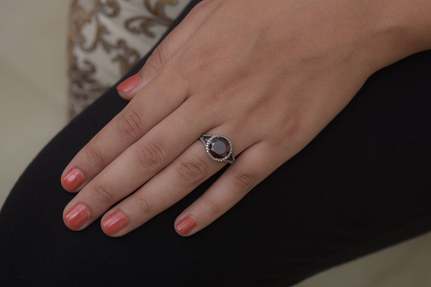 Diamond Halo Garnet Engagement Ring