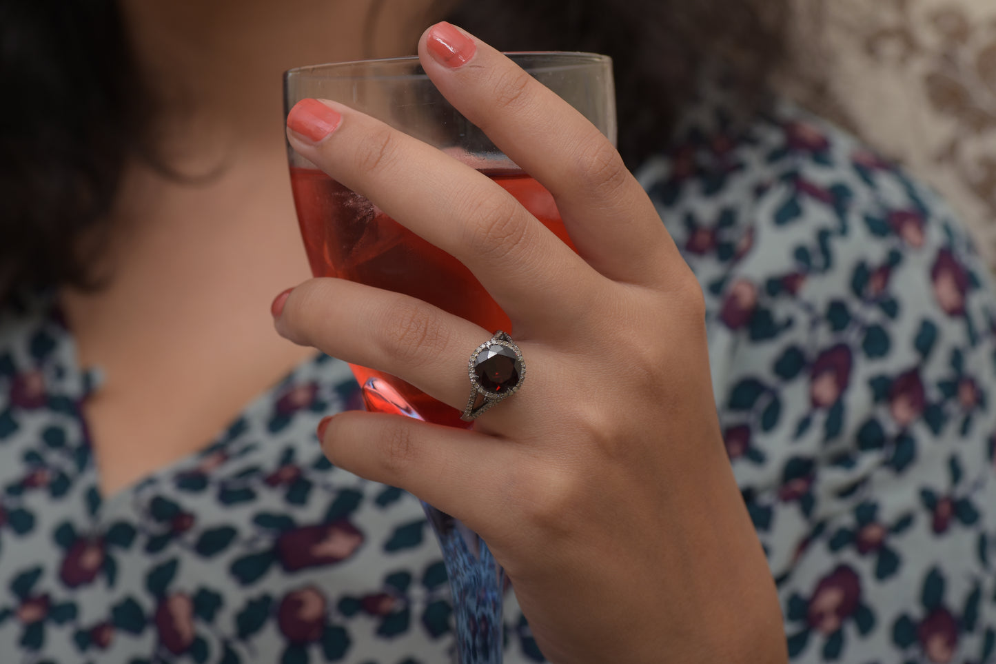 Diamond Halo Garnet Engagement Ring