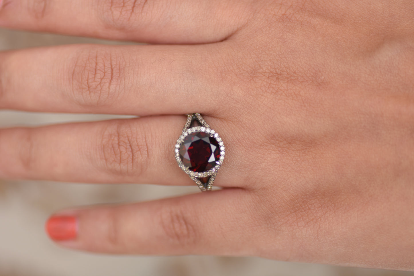 Diamond Halo Garnet Engagement Ring