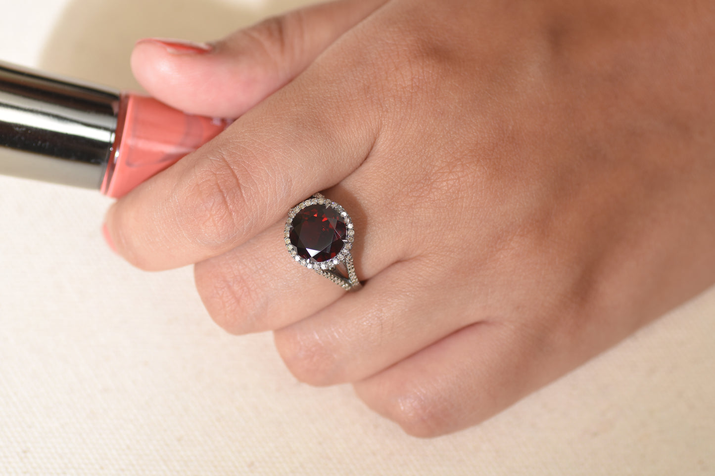 Diamond Halo Garnet Engagement Ring