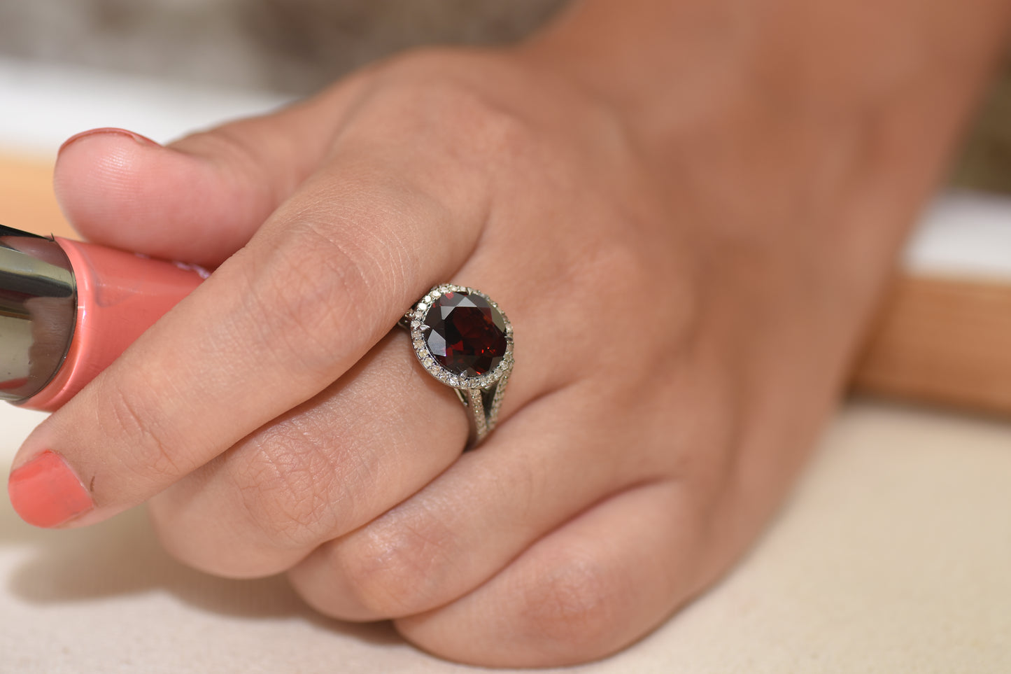 Diamond Halo Garnet Engagement Ring