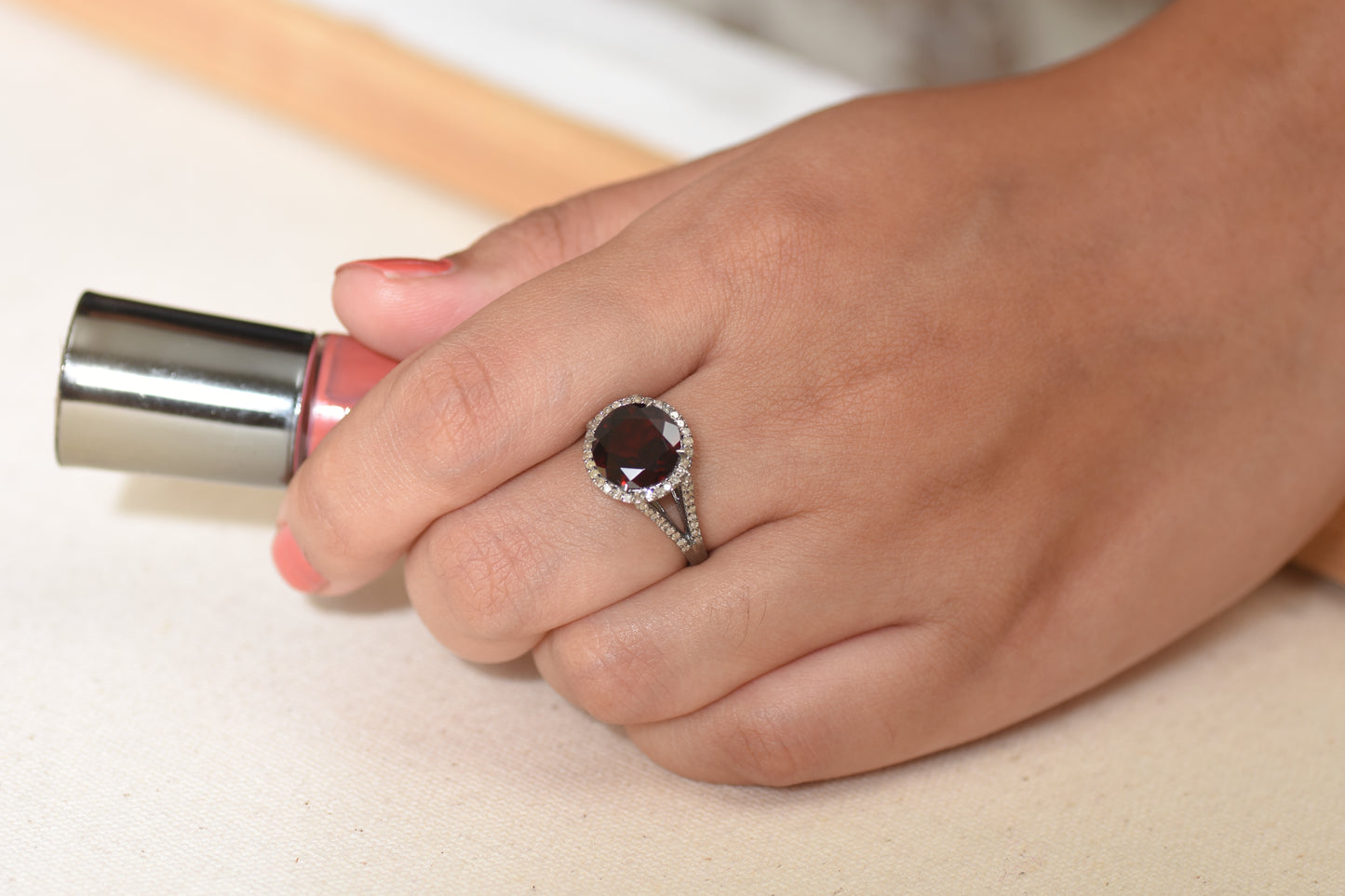 Diamond Halo Garnet Engagement Ring