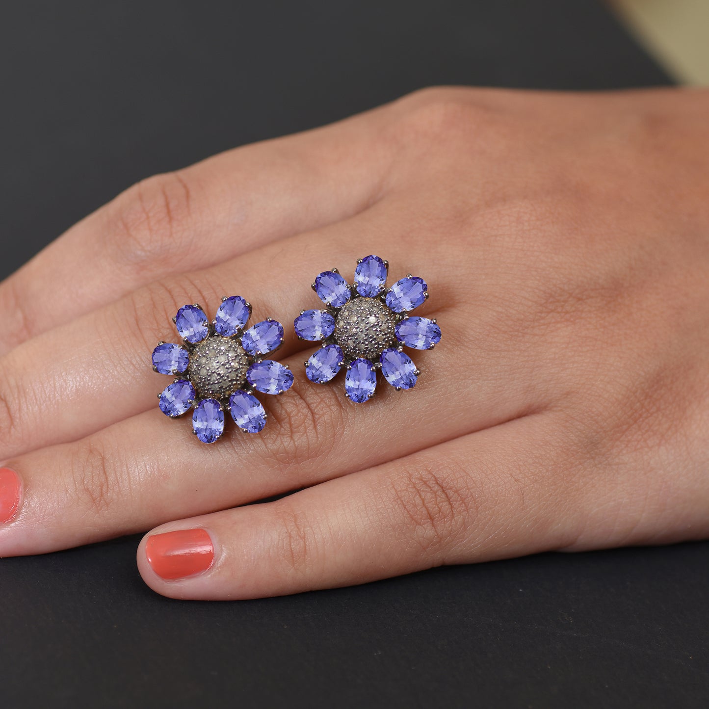 Blue Tanzanite Flower Stud Earrings With Diamond