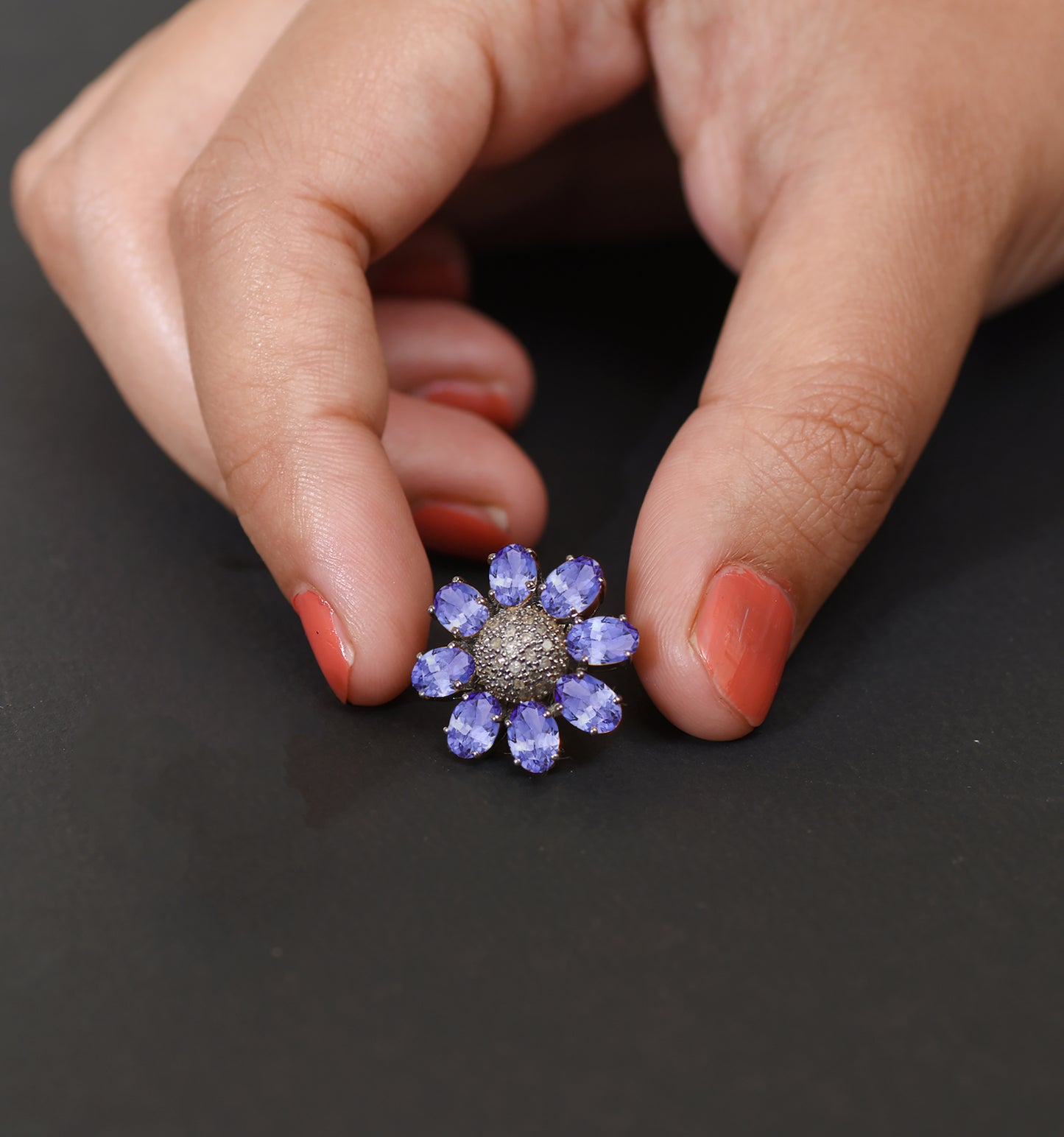Blue Tanzanite Flower Stud Earrings With Diamond