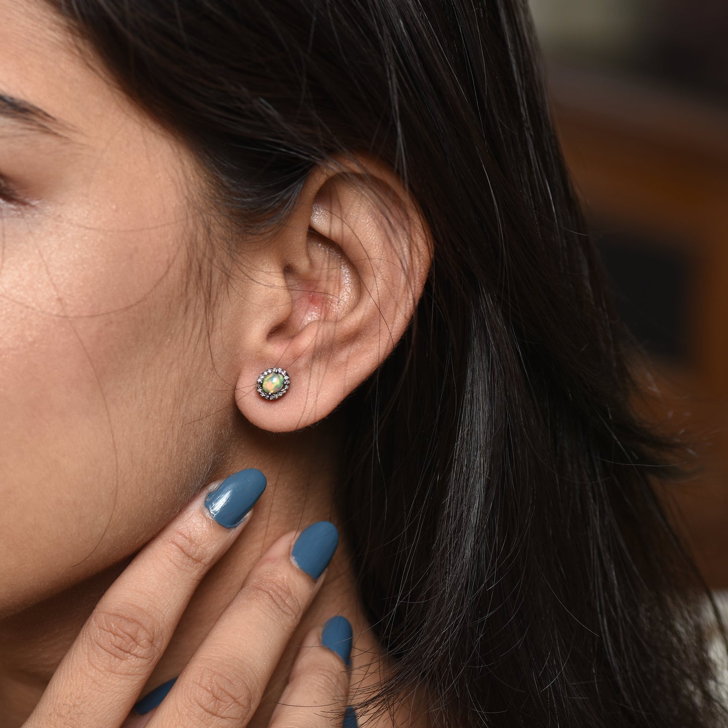 Opal & Diamond Halo Studs Earrings
