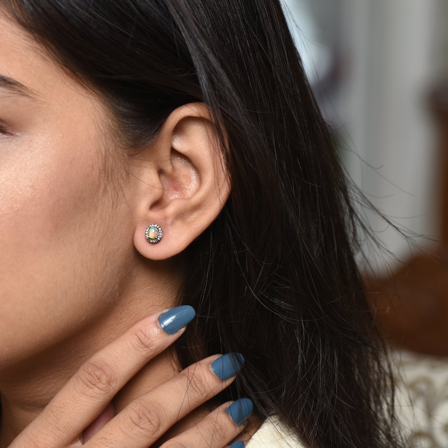Opal & Diamond Halo Studs Earrings