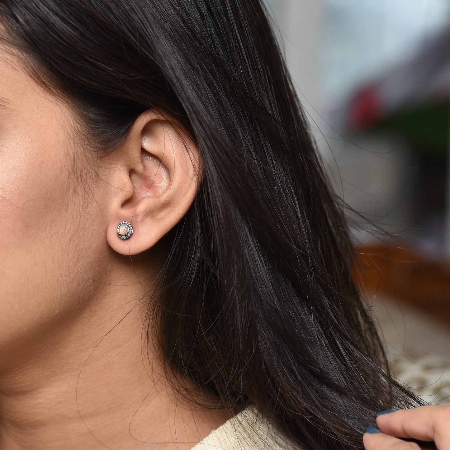Opal & Diamond Halo Studs Earrings