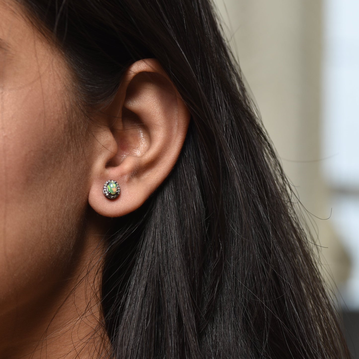 Opal & Diamond Halo Studs Earrings