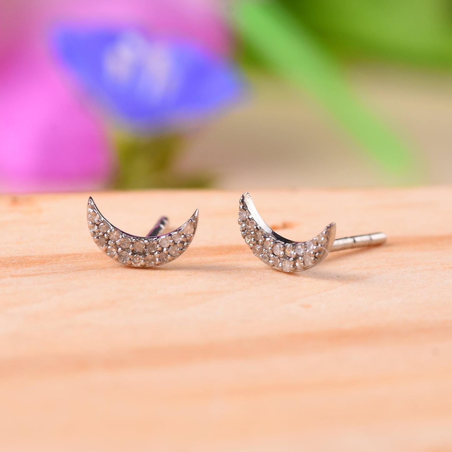 Silver Diamond Crescent Moon Studs Earrings