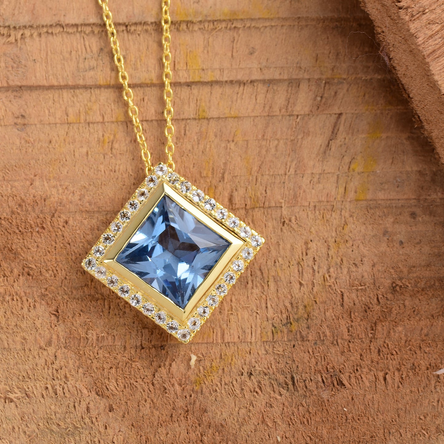 Square Blue Topaz Halo Necklace 925 Silver