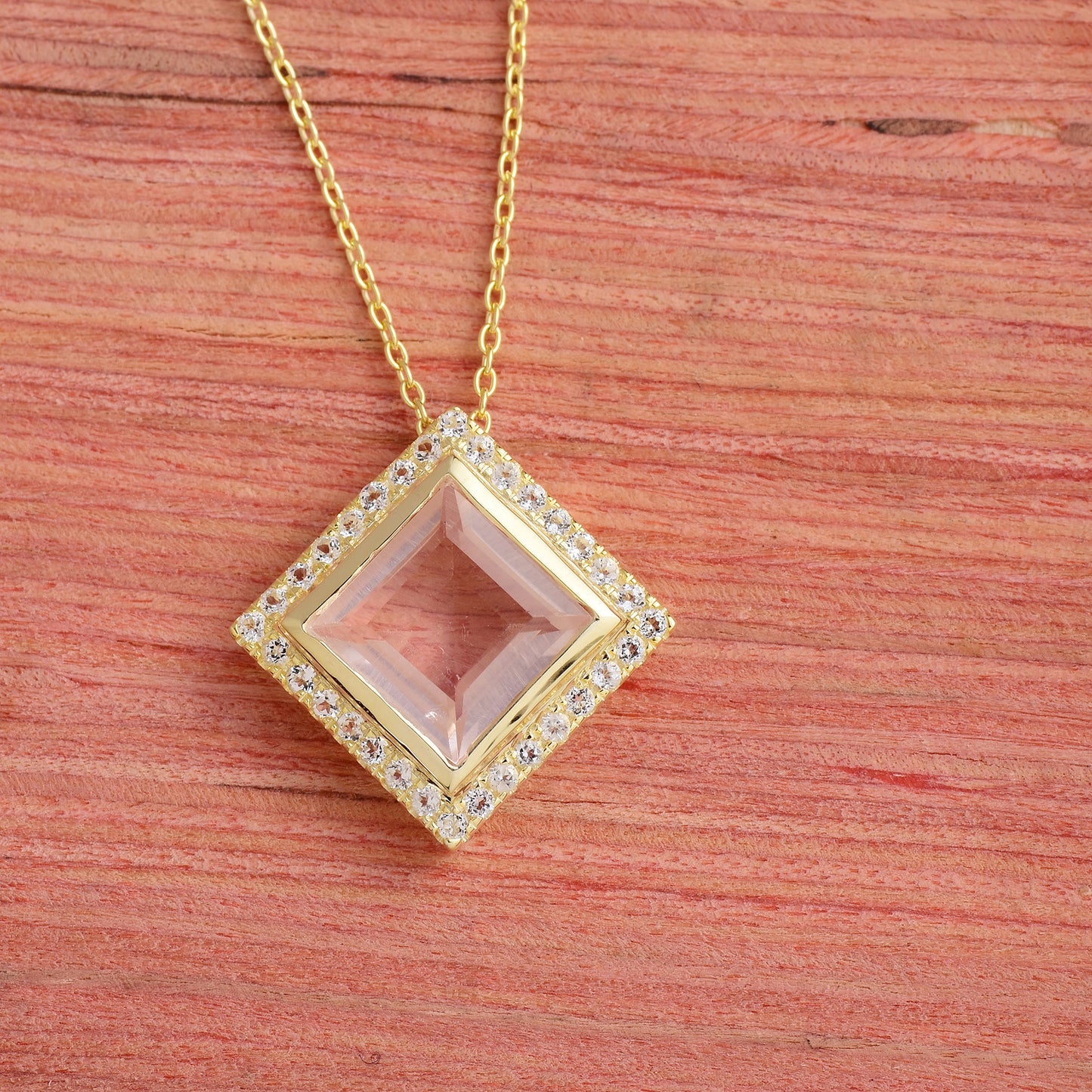 Rose Quartz Gemstone Halo Necklace 925 Silver