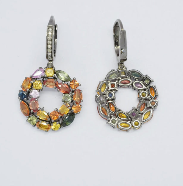 Rainbow Sapphire Dangle Drop Earrings With Diamond