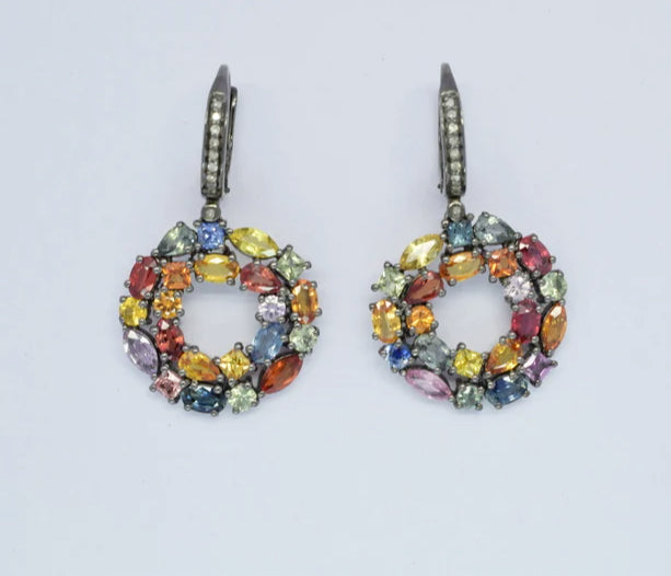 Rainbow Sapphire Dangle Drop Earrings With Diamond