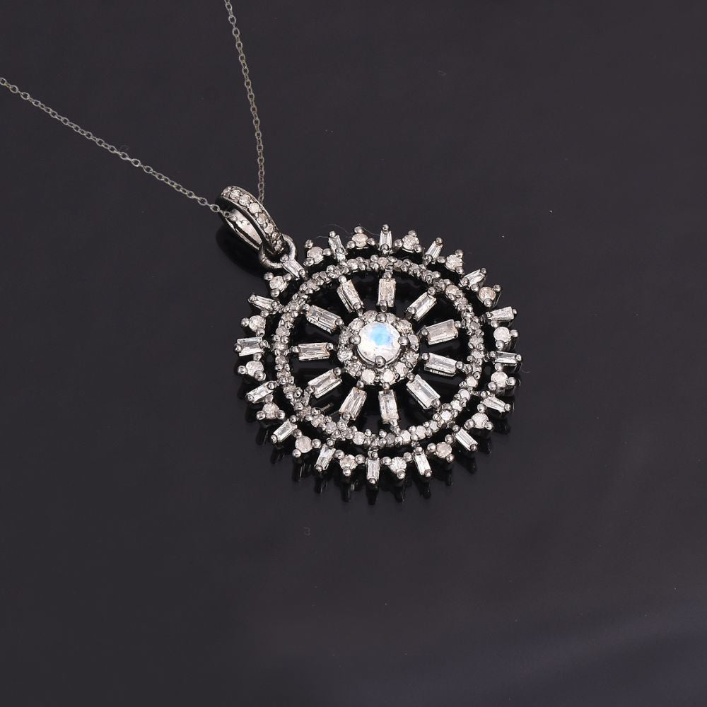 Wheel Pendant Studded With Diamond & Rainbow Moonstone