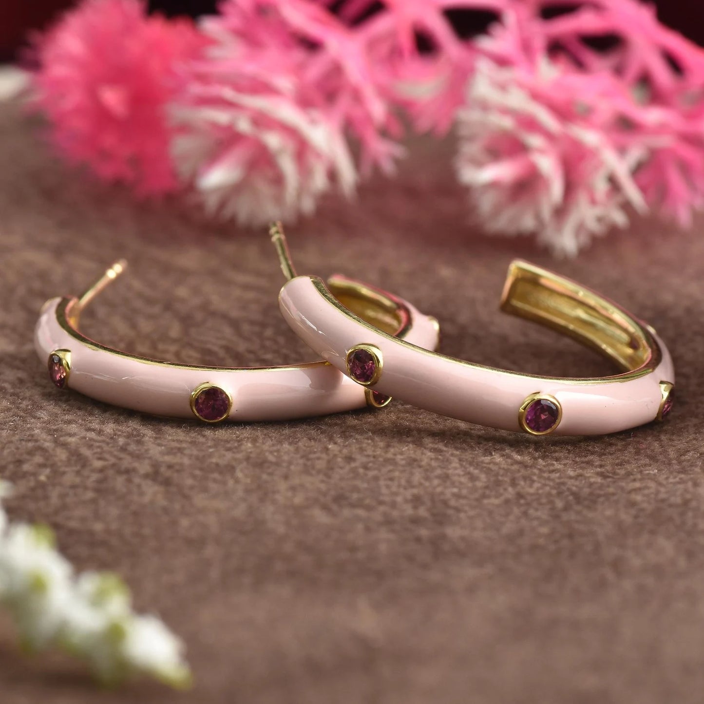 Pink Enamel Hoop Earrings with Pink Rhodolite Gemstones