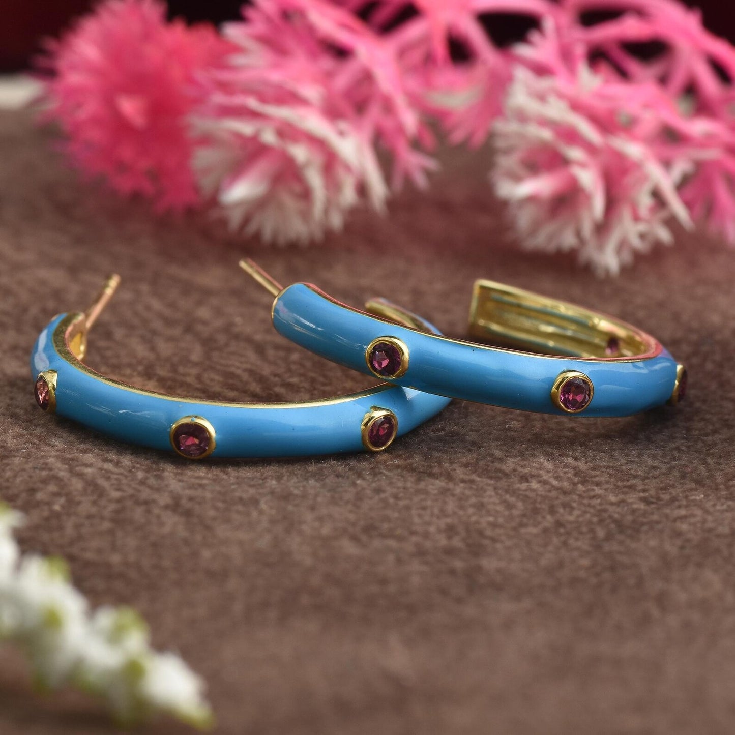 Blue Enamel Hoop Earrings with Pink Rhodolite Gemstones