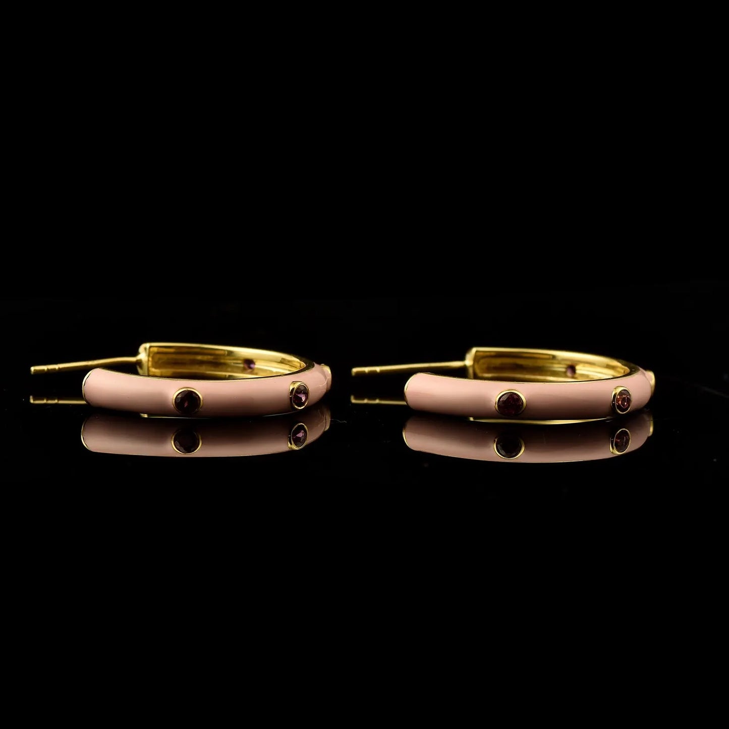 Pink Enamel Hoop Earrings with Pink Rhodolite Gemstones