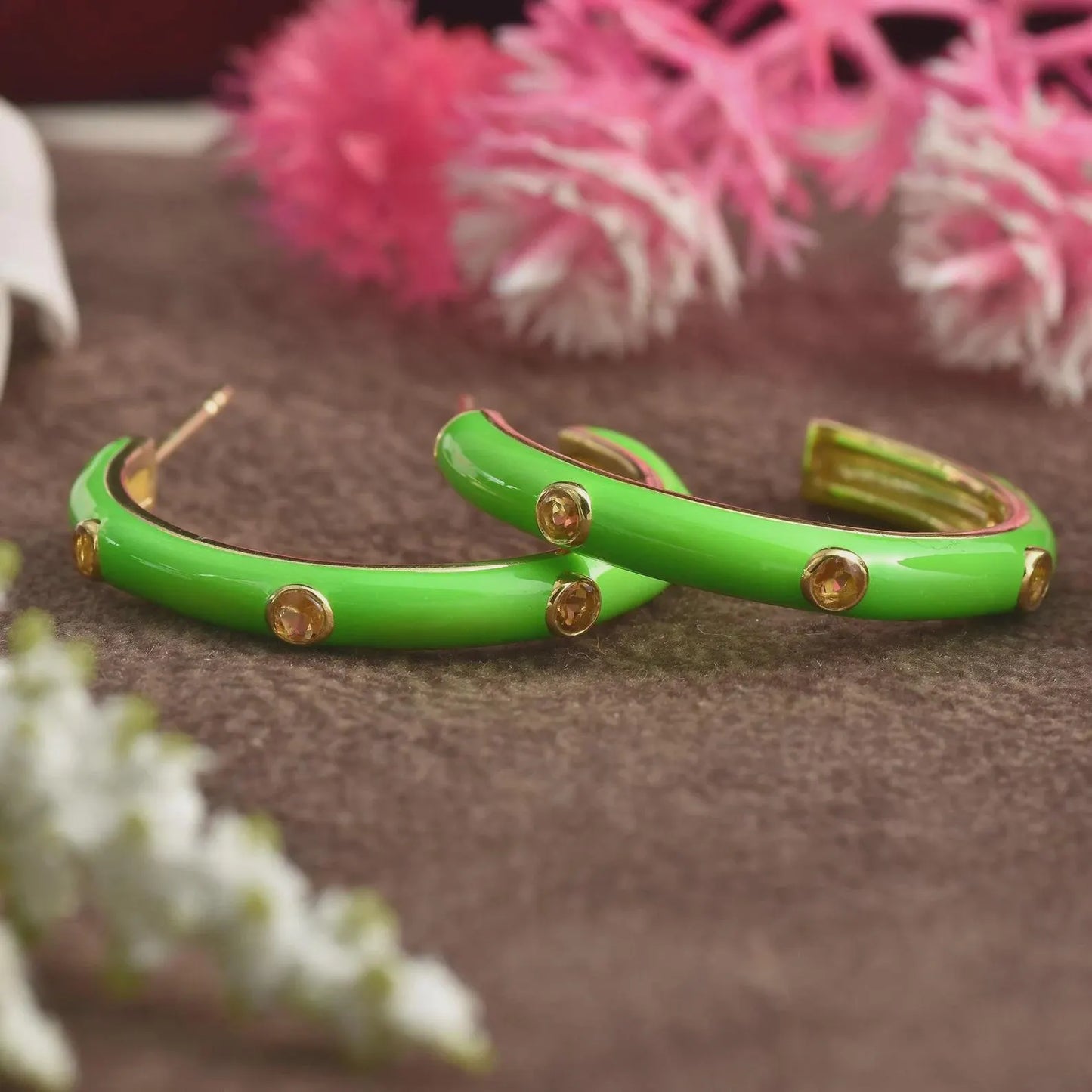Lime Green Enamel Hoop Earrings with Citrines