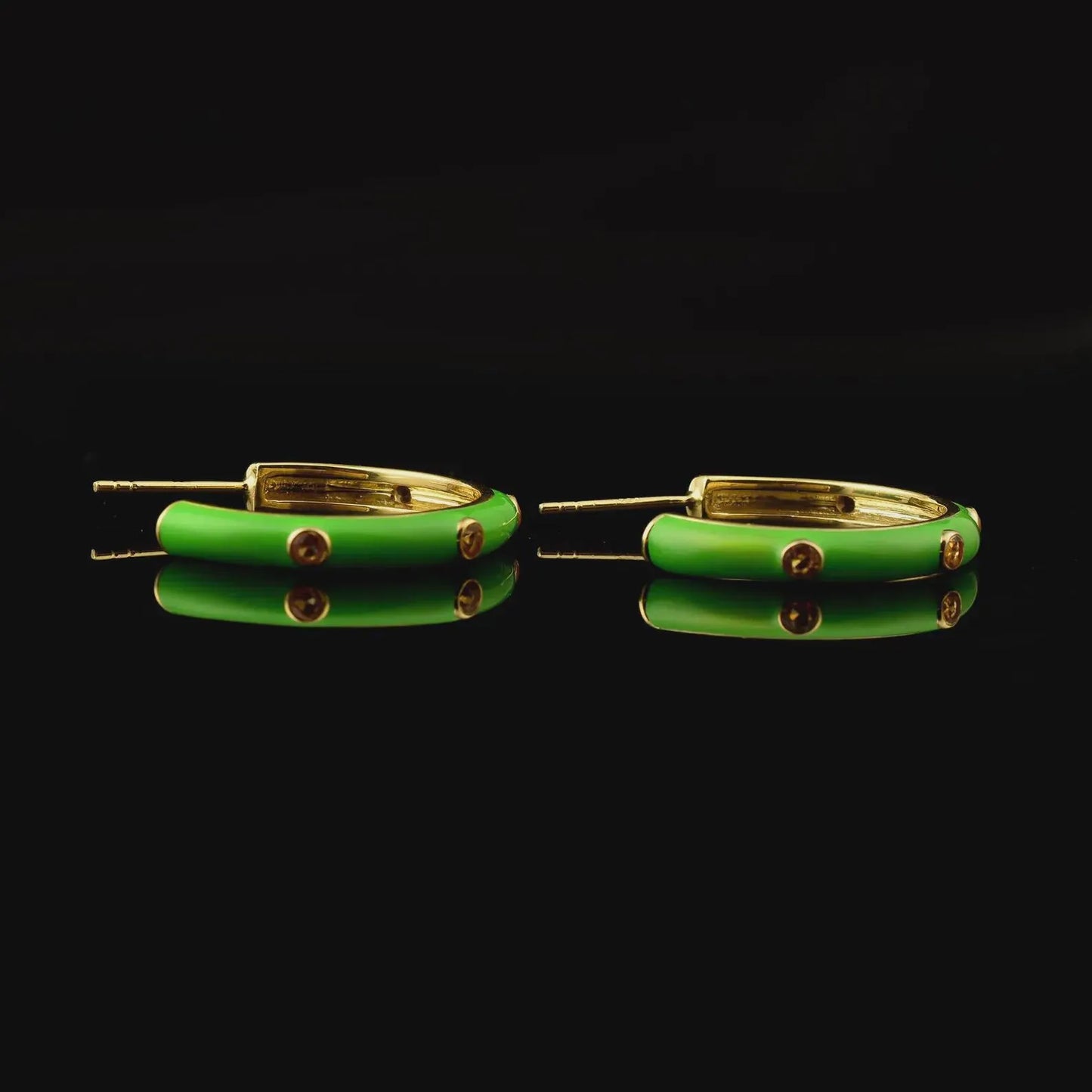 Lime Green Enamel Hoop Earrings with Citrines