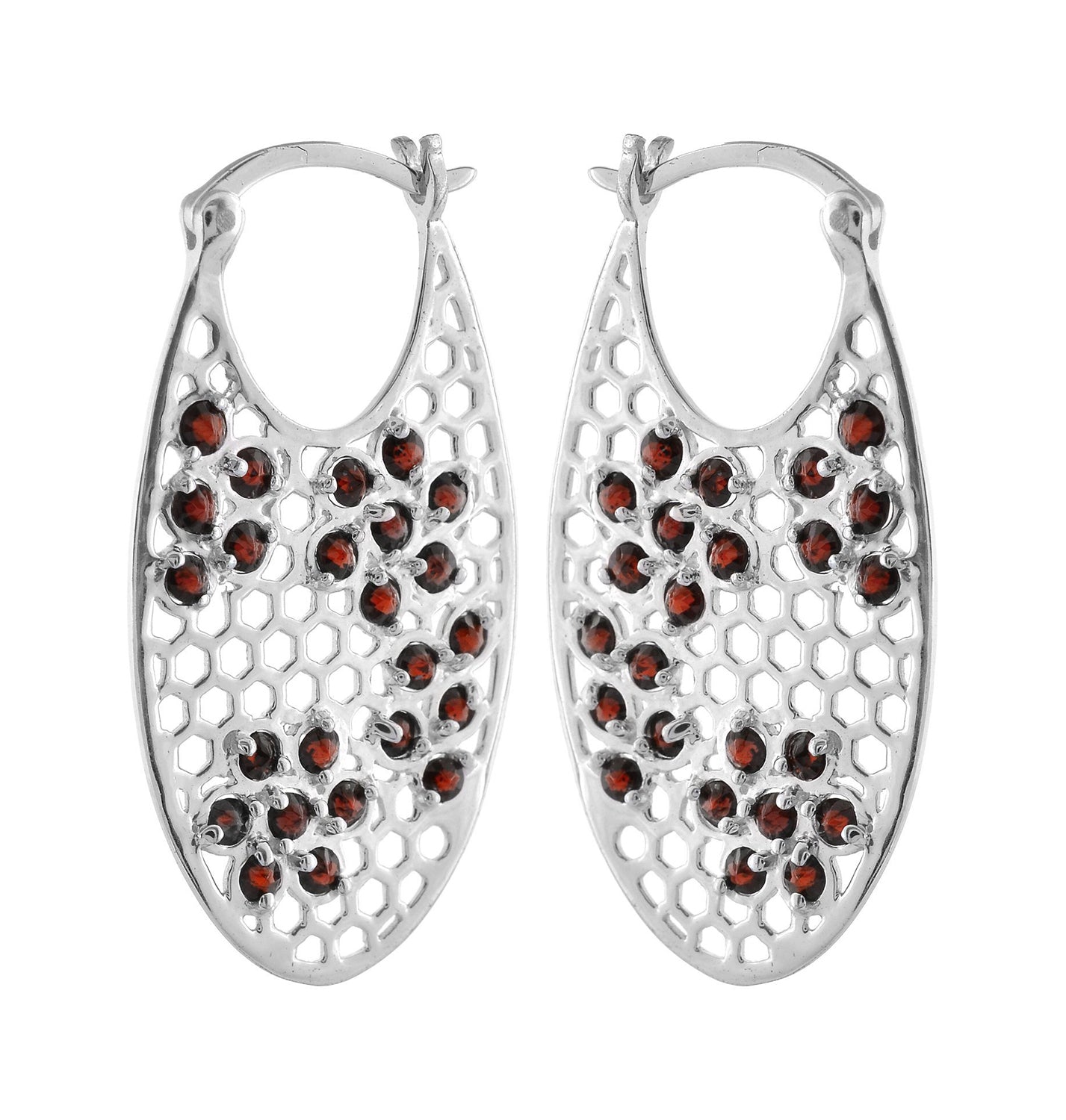 Designer Silver Garnet Flower Hoops