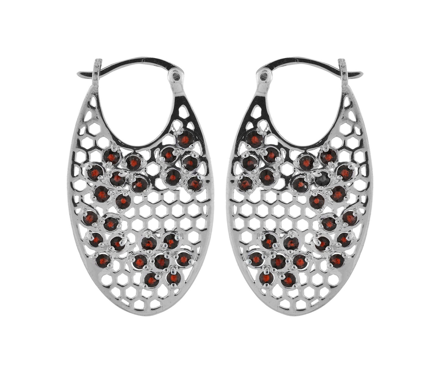 Designer Silver Garnet Flower Hoops