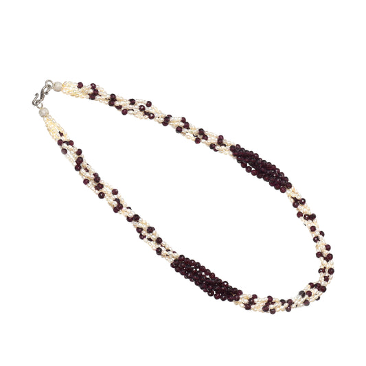 Pearl with Garnet Gemstone Beaded Silver Necklace