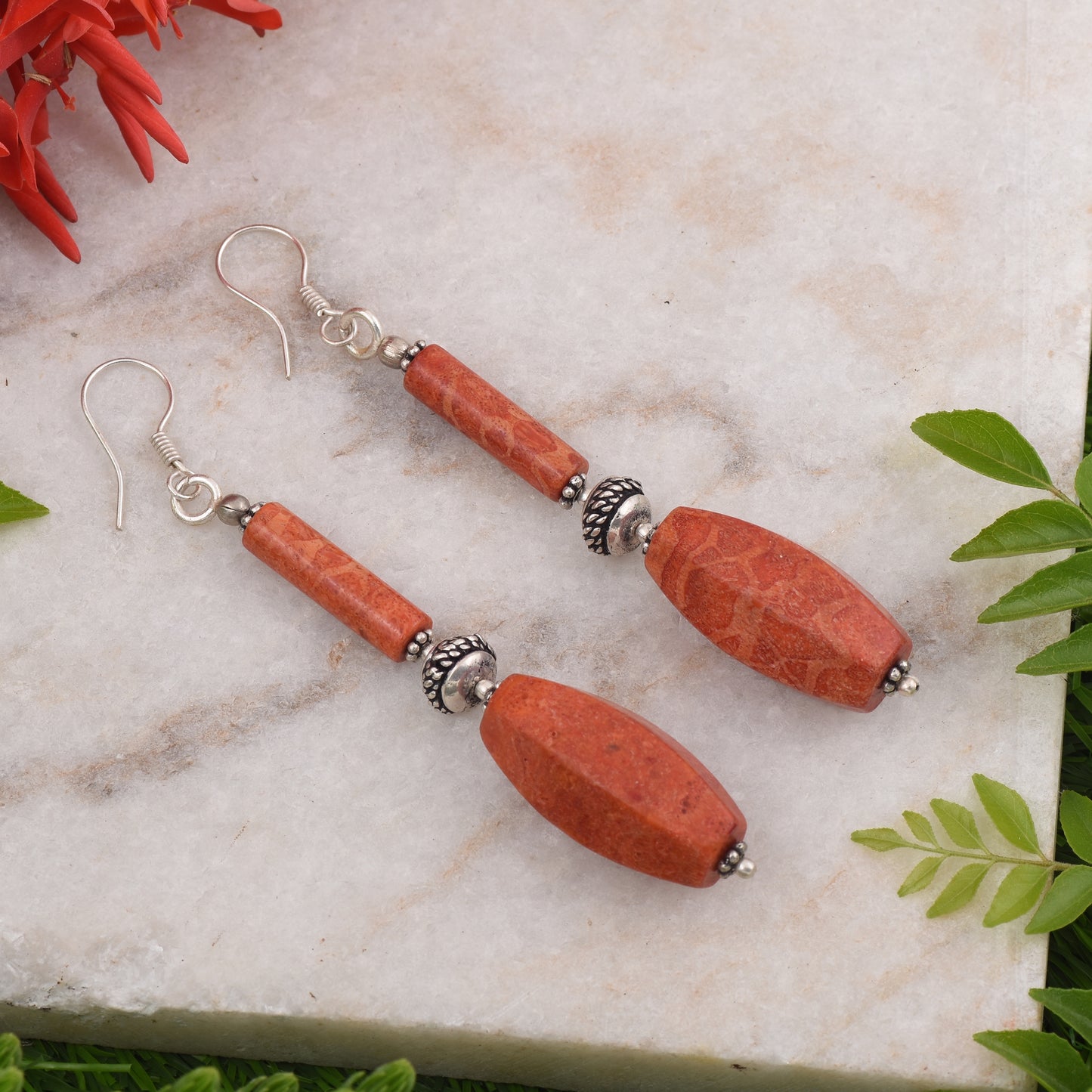 Red Gemstone Beaded Drop Earrings