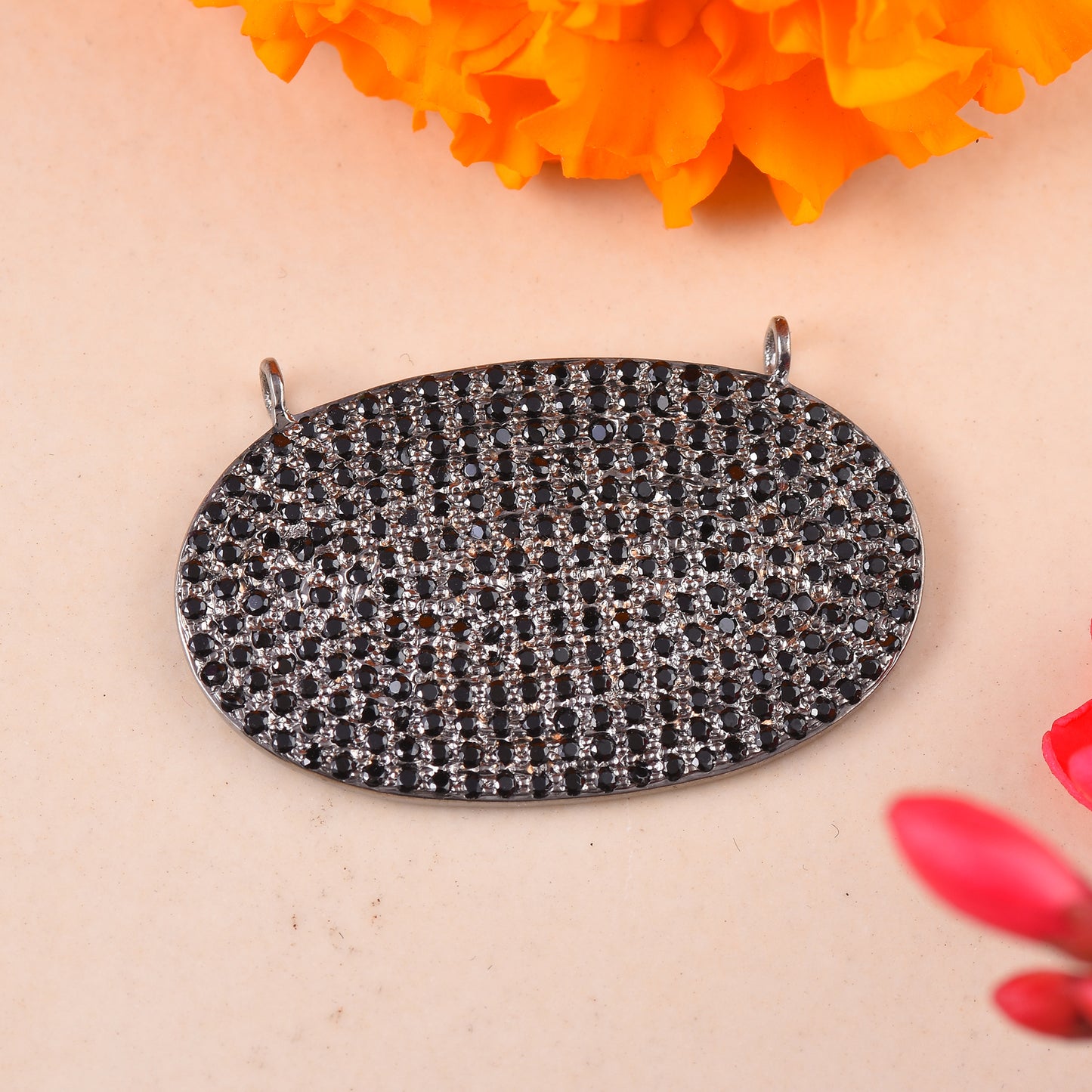 Pave Black Spinel Oval Silver Pendant