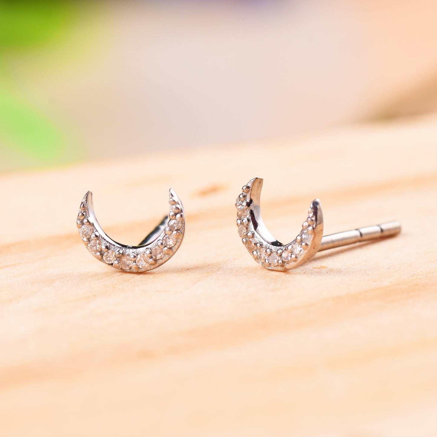 Pave Diamond Crescent Moon Stud Earrings