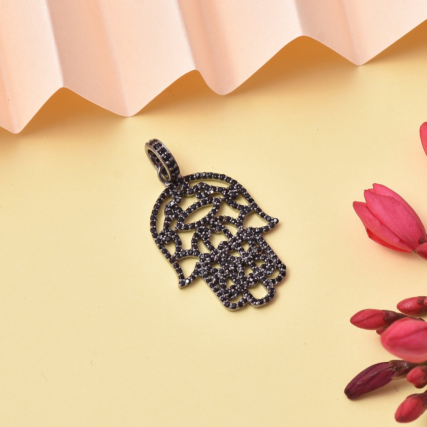 Pave Black Spinal Hamsa Hand Pendant