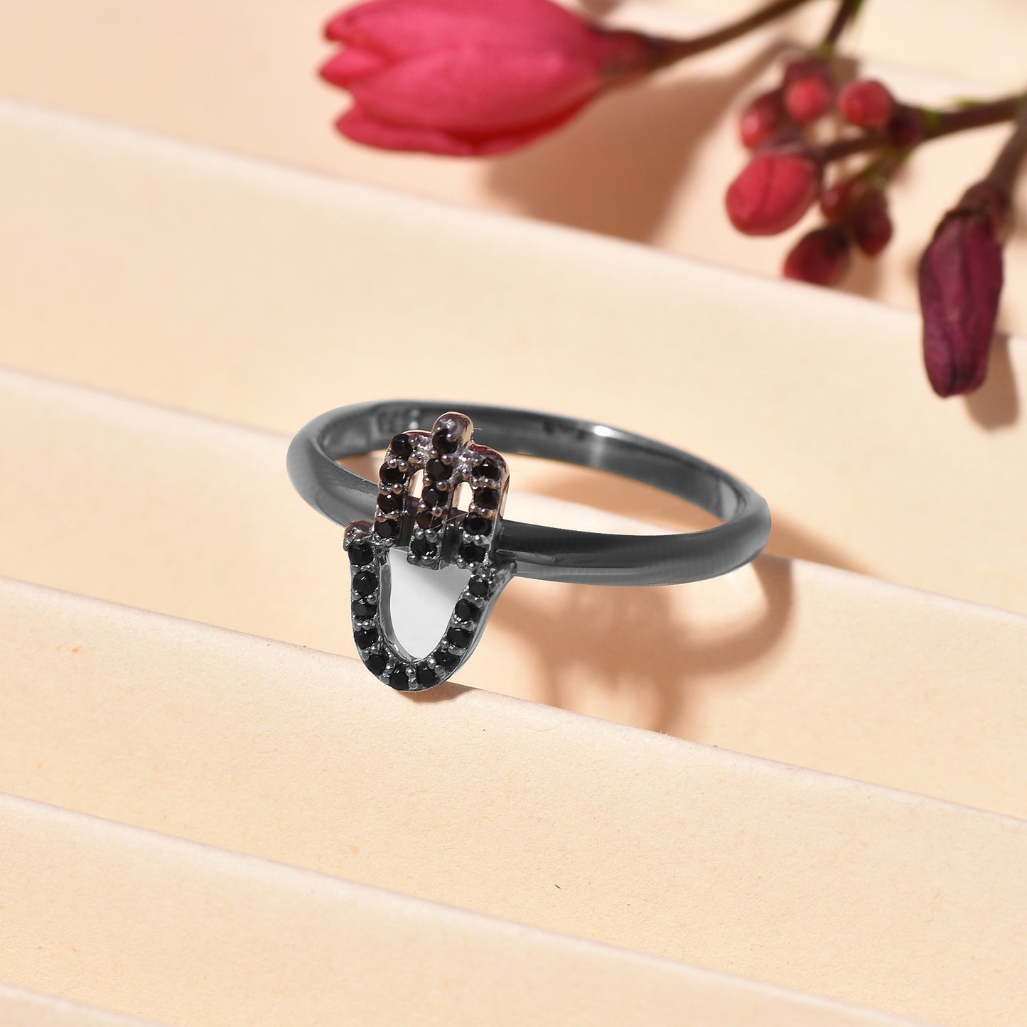 Black Spinal Hamsa Hand Ring
