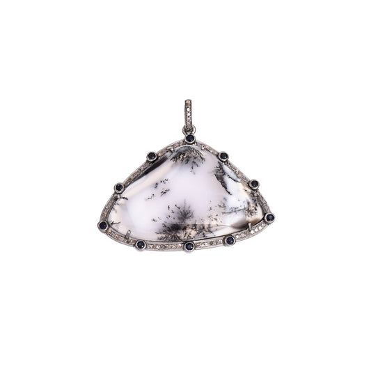 Beautiful Dendritic Opal Pendant Clustered with Diamonds and Blue Sapphire