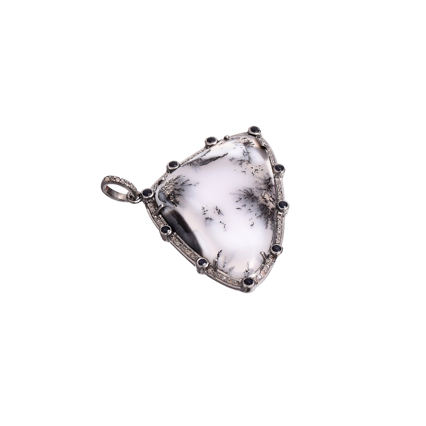Beautiful Dendritic Opal Pendant Clustered with Diamonds and Blue Sapphire