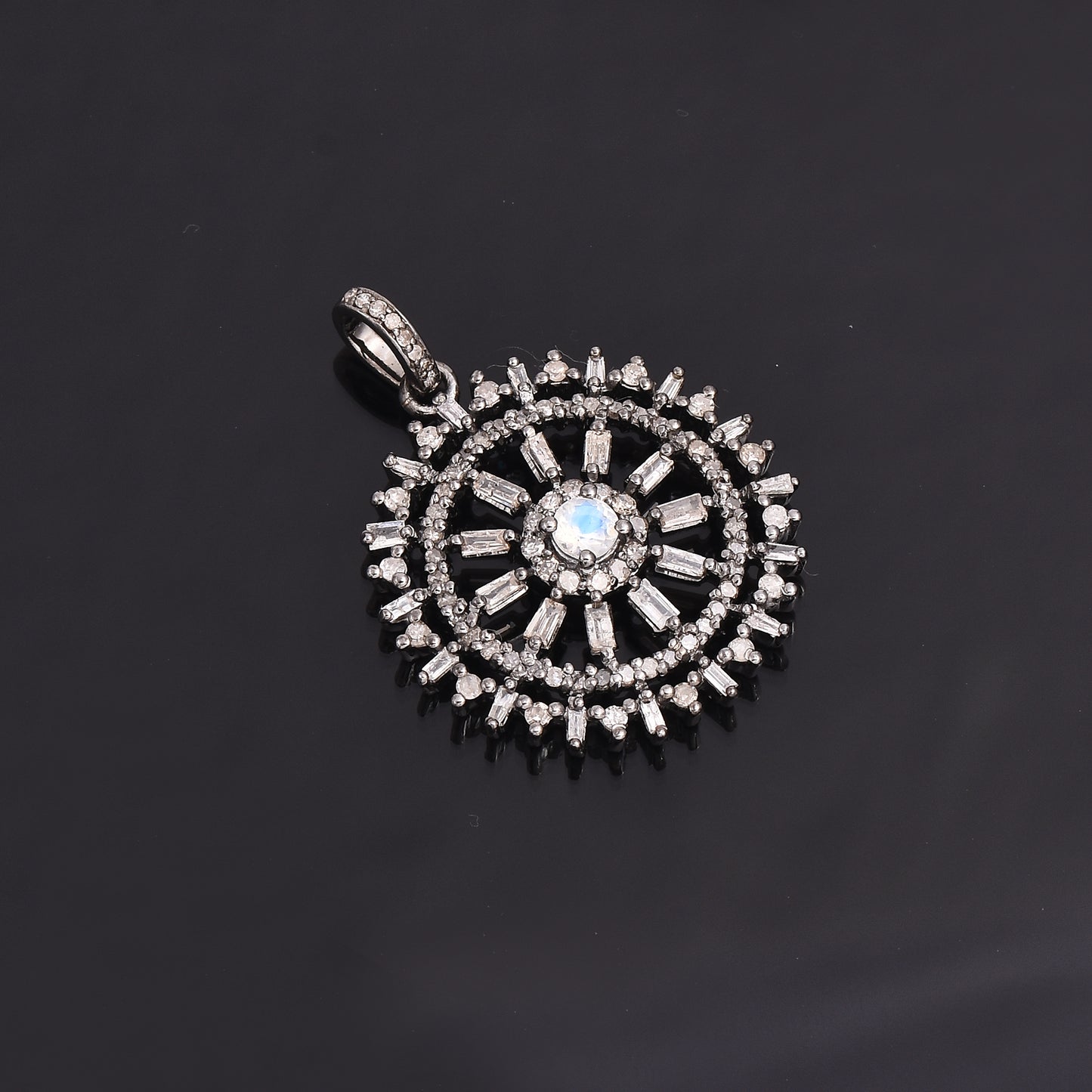 Wheel Pendant Studded With Diamond & Rainbow Moonstone