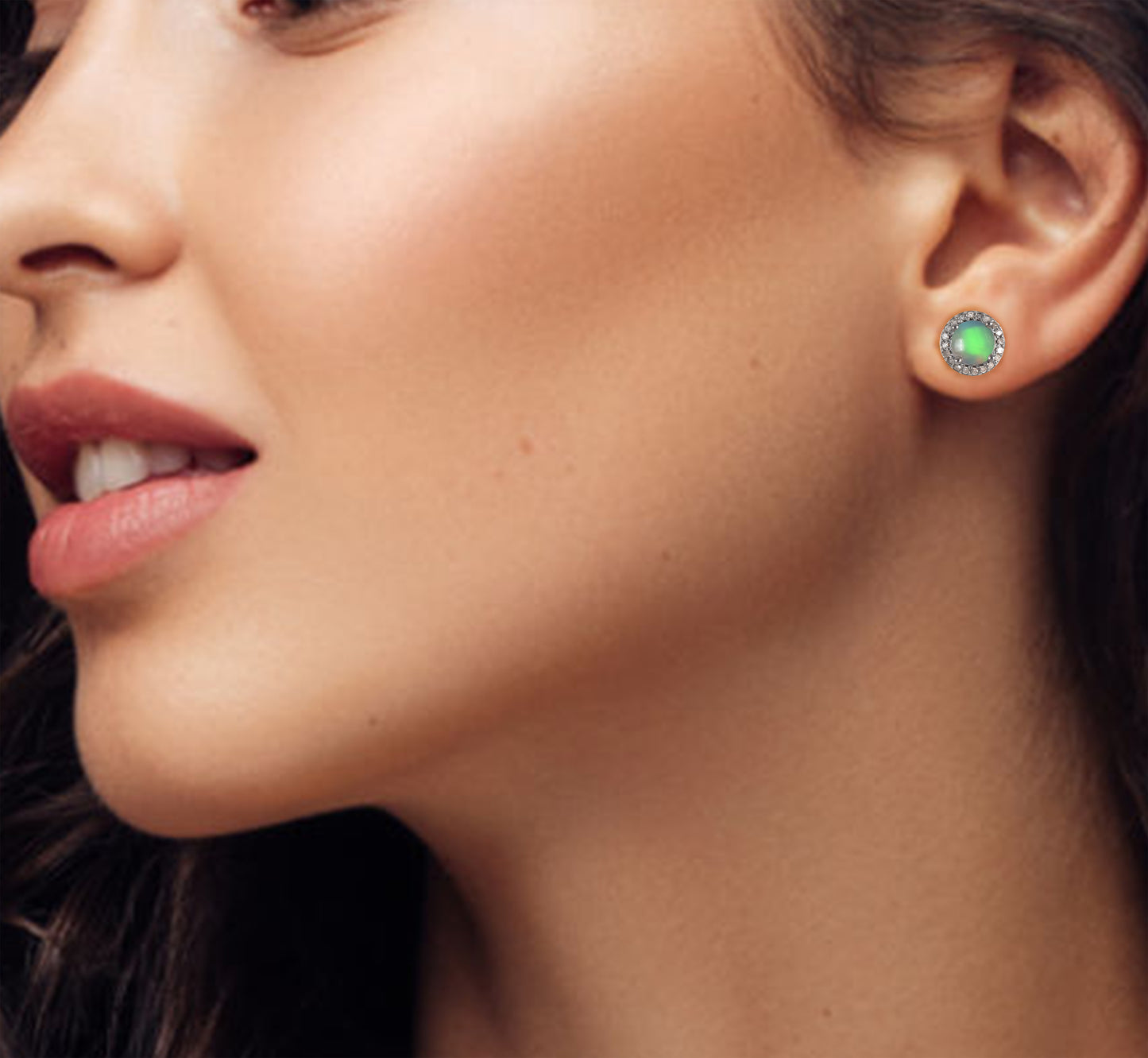 Green Blush Opal Halo Diamond Earrings