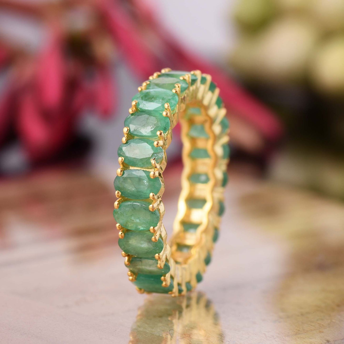 Silver Emerald Eternity Band Ring