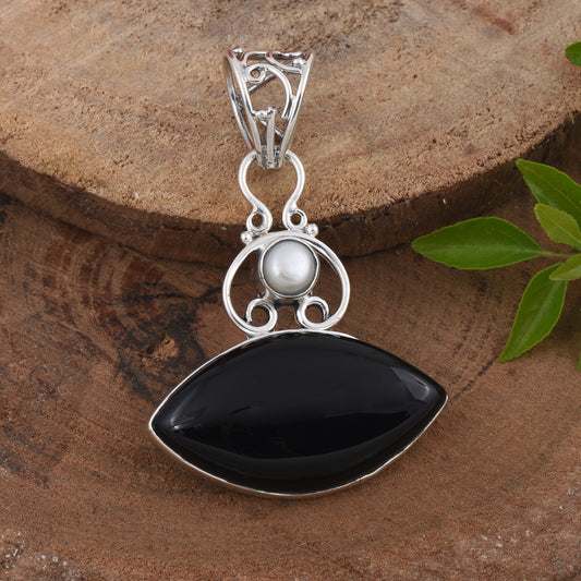 Pearl and Black Onyx Silver Pendant