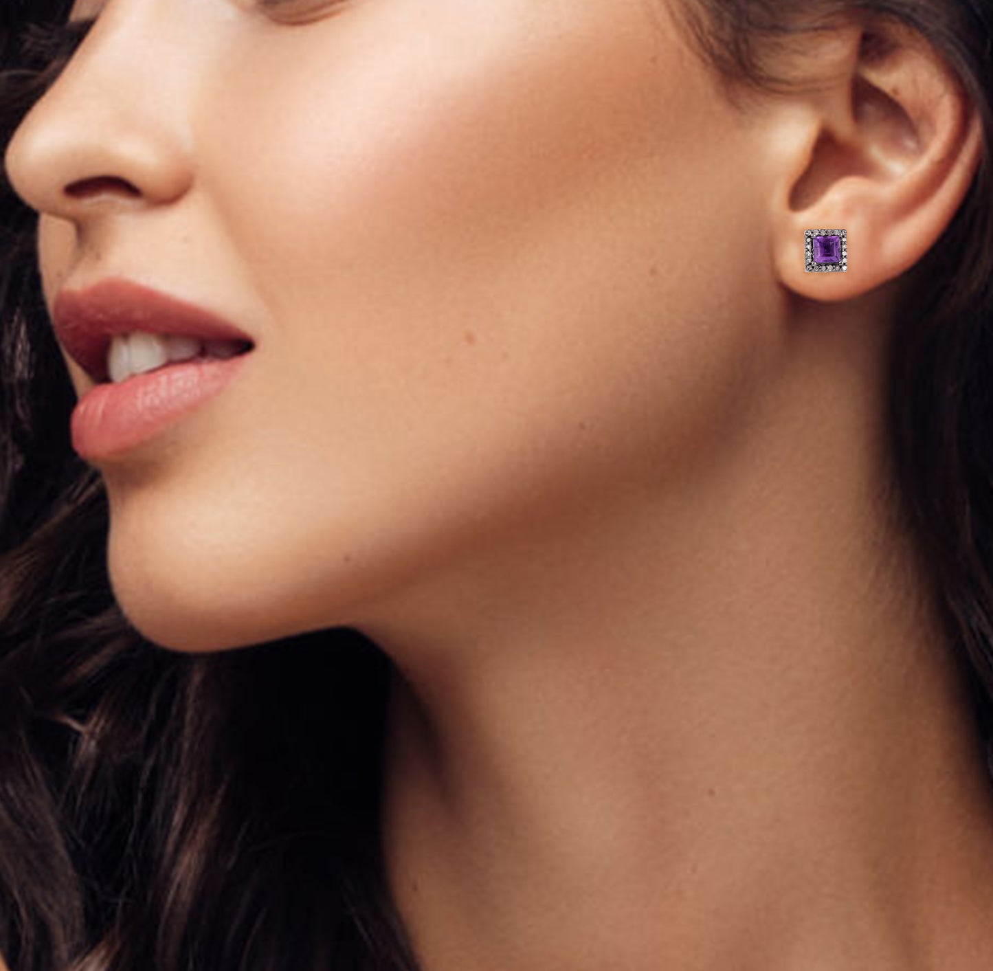 Halo Diamond Square Amethyst Earrings