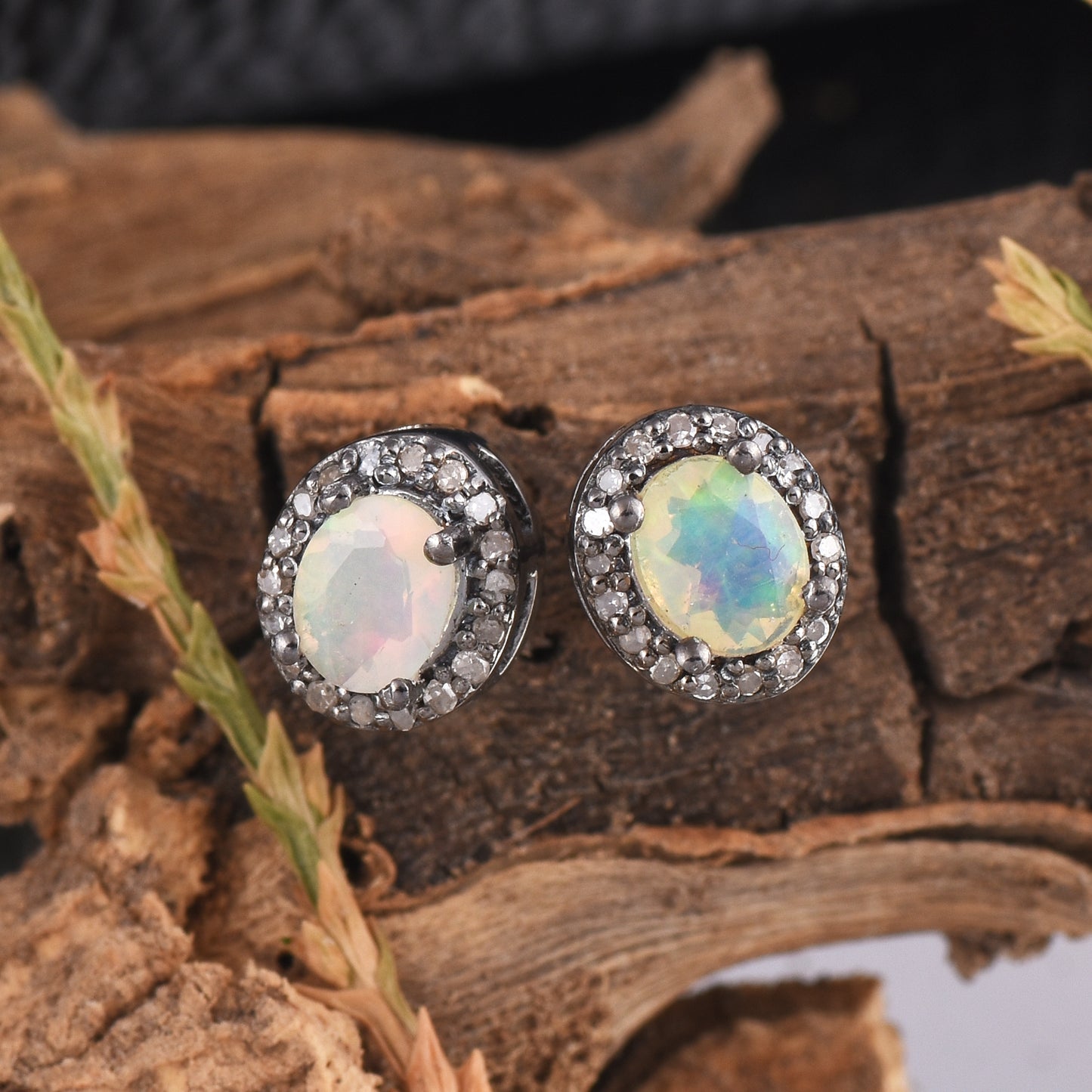Silver Opal & Diamond Halo Studs Earrings