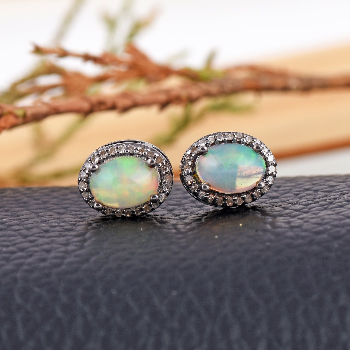 Opal & Diamond Halo Studs Earrings