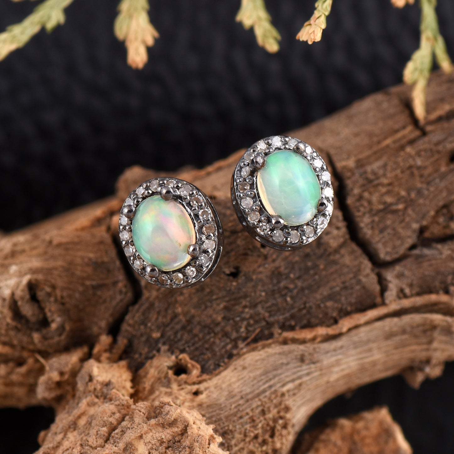 Opal & Diamond Halo Studs Earrings