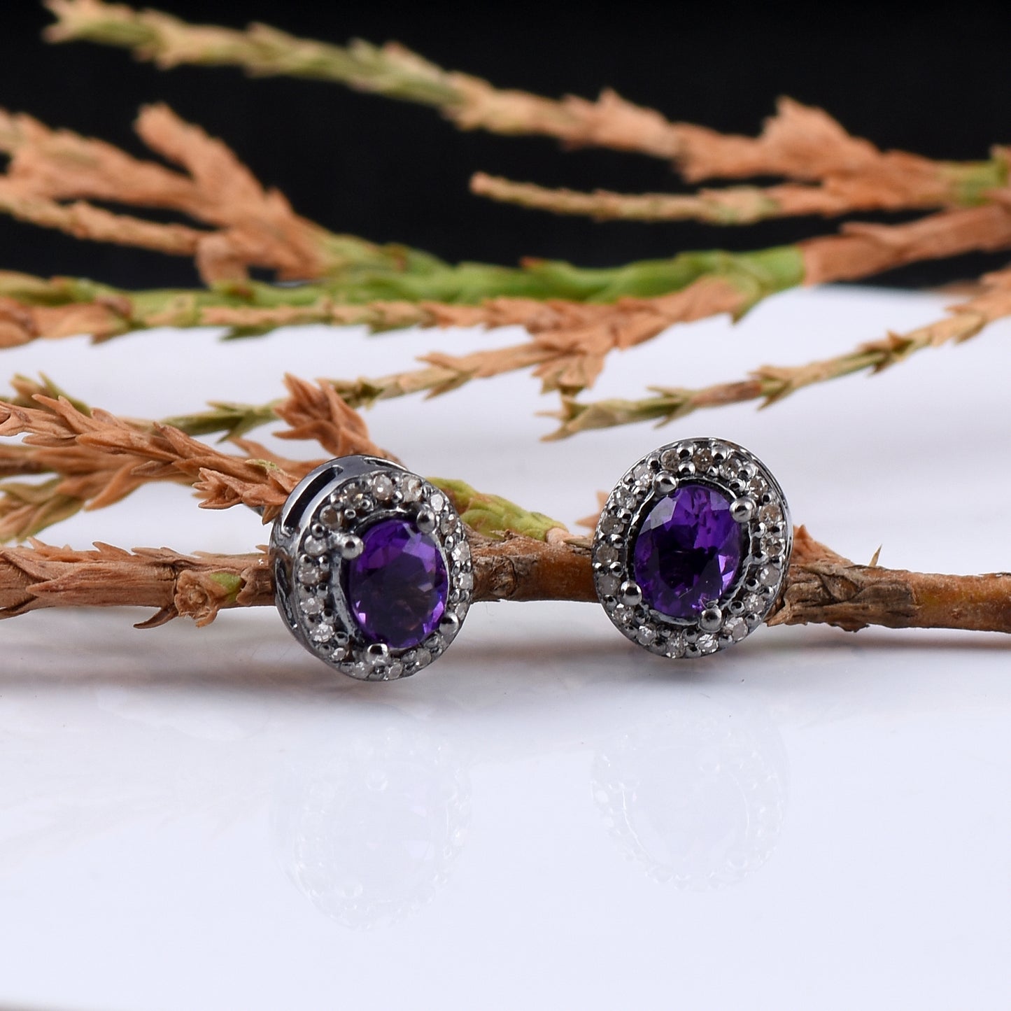 Dainty Amethyst & Diamond Halo Studs Earrings